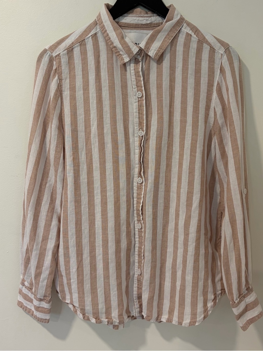Lola River Linen Tencel Blend Striped Button Down Shirt Beige White M